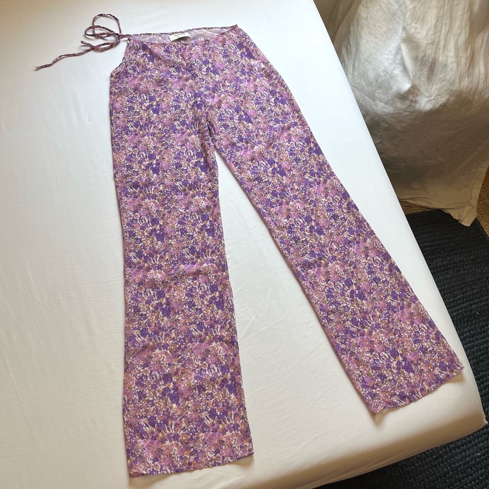HOUSE OF CB lilac lavender floral sheer mesh knit wide straight leg cut out pant